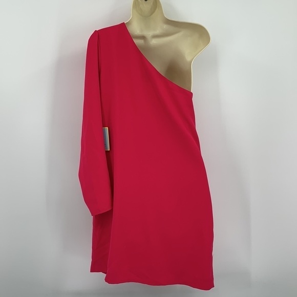 CeCe Moss crepe one shoulder dress bright hot pink pleated sleeve new Small - Picture 4 of 5
